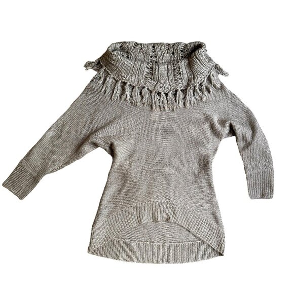 Cache Sweater Womens S Fringe Tassel Cowl Neck Hi Low Batwing Boho Hippie Sequin - Picture 1 of 7